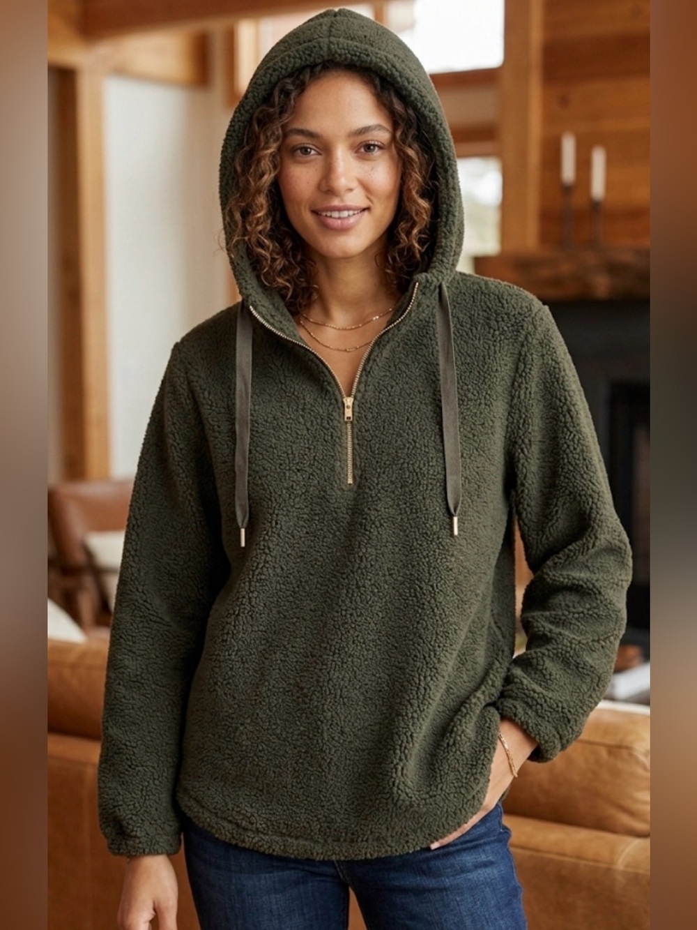 LOFT Olive Green Women’s Sherpa Half-Zip Pullover Hoodie Size XL